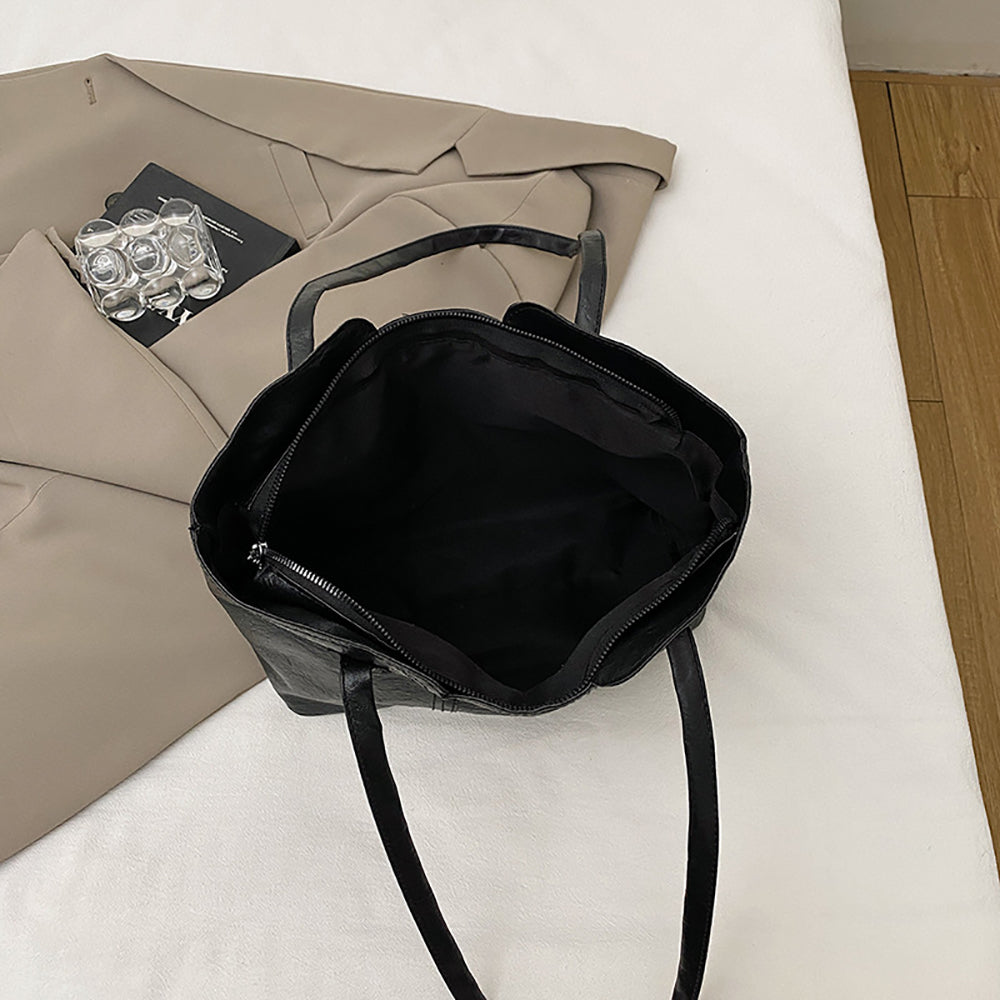 Black Solid Two Handles Shoulder Bag