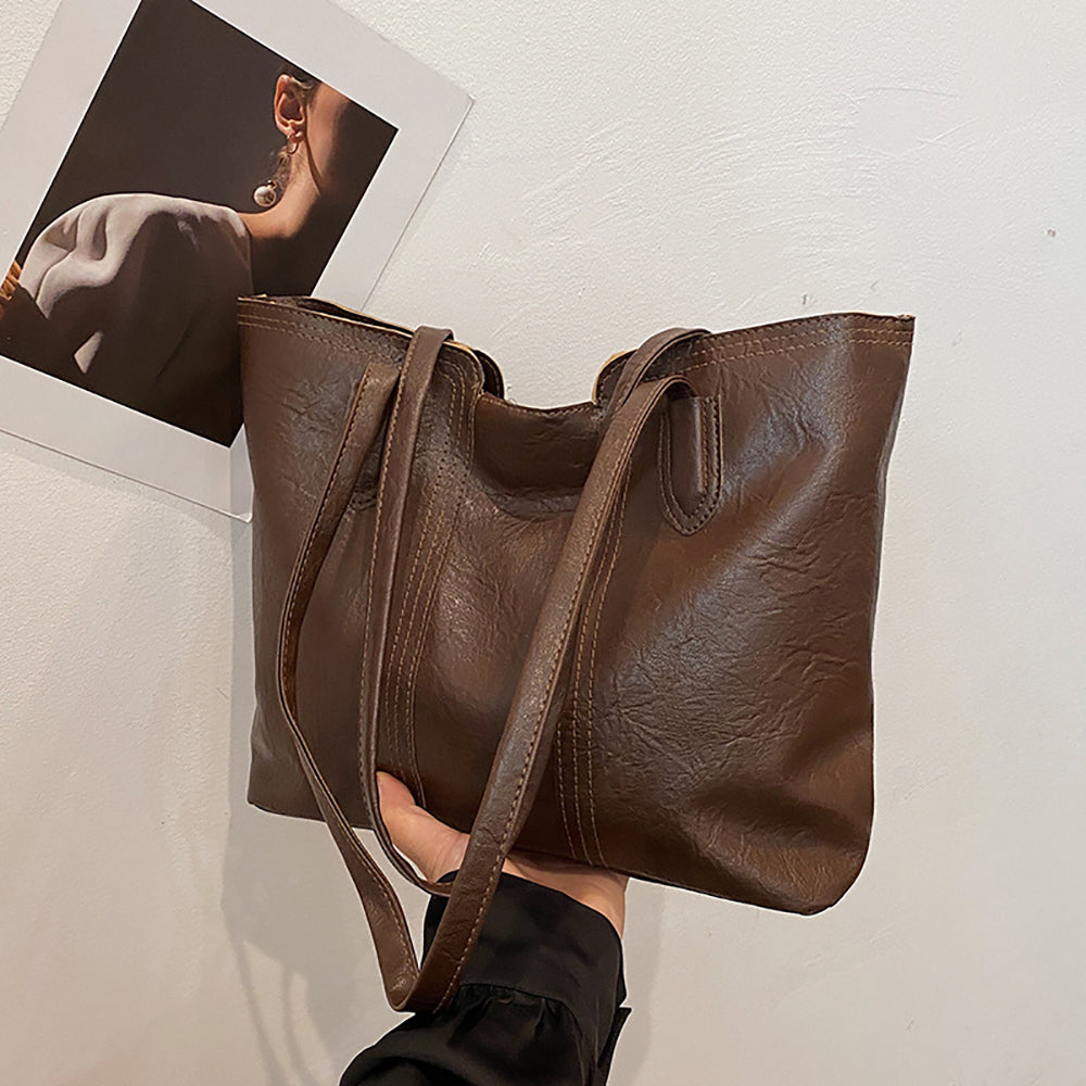 Coffee Solid Two Handles Shoulder Bag
