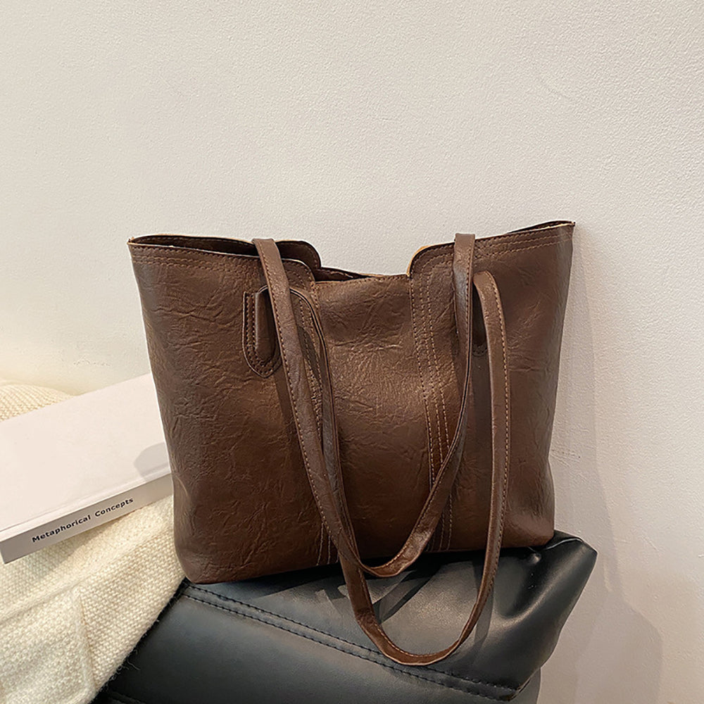 Coffee Solid Two Handles Shoulder Bag