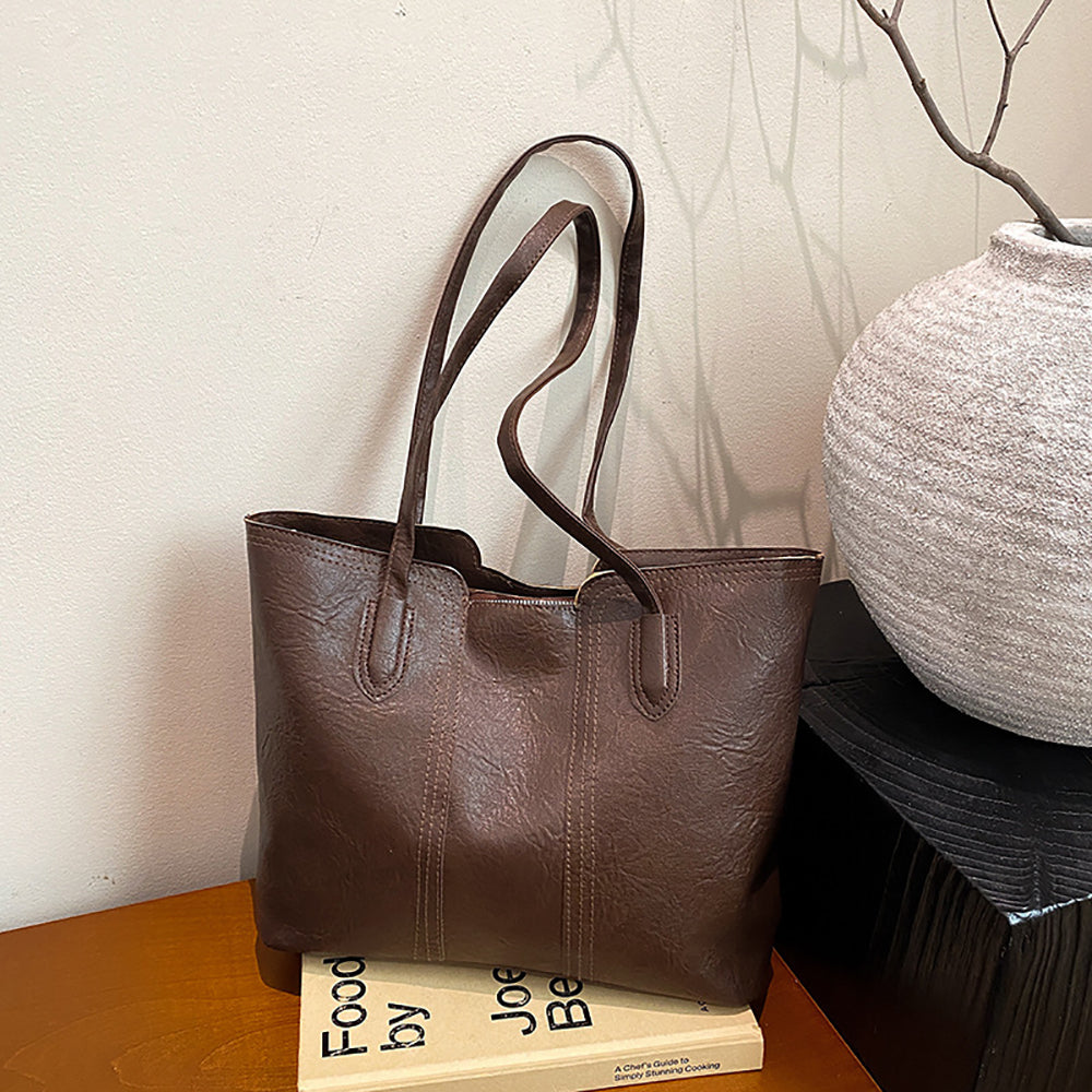 Coffee Solid Two Handles Shoulder Bag