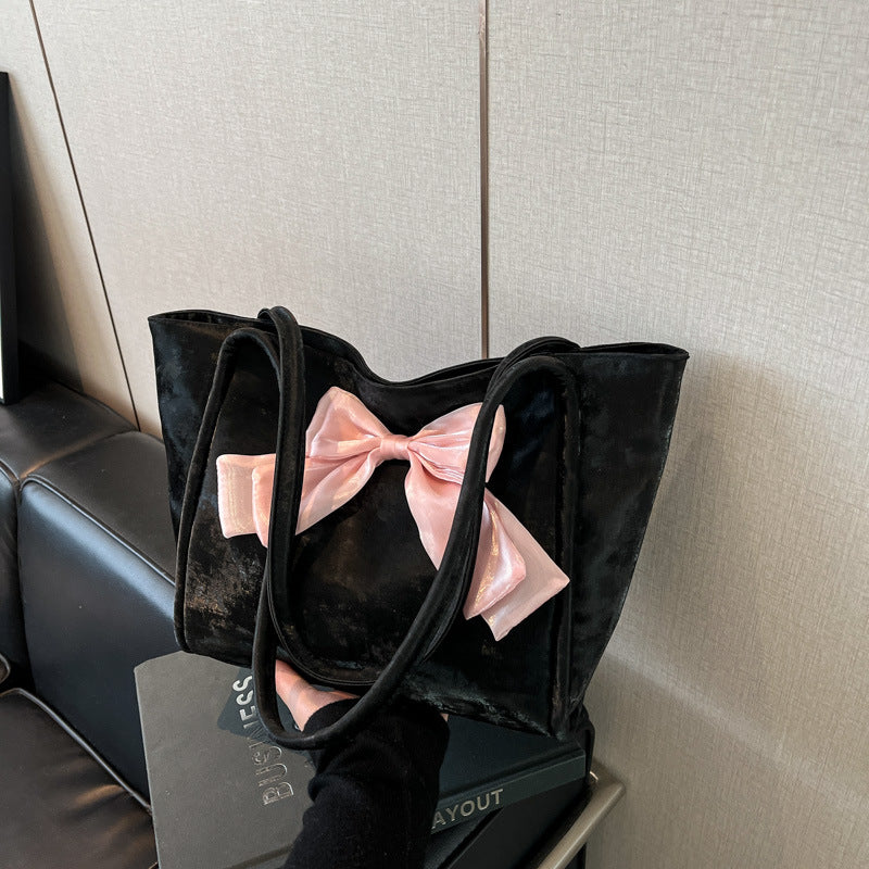Black Solid Two Handles Handheld Bag