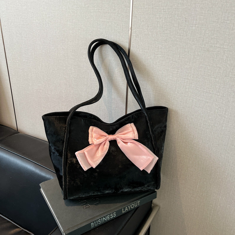 Black Solid Two Handles Handheld Bag
