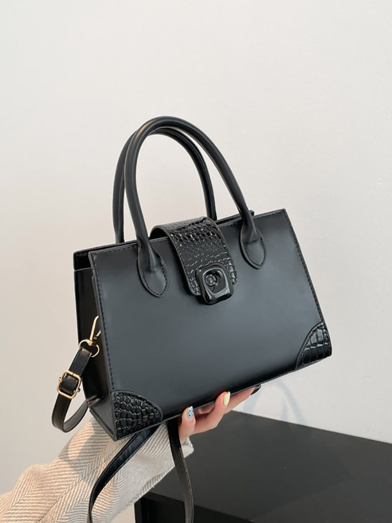 Black Solid Two Handles Handheld Bag