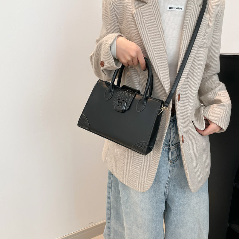 Black Solid Two Handles Handheld Bag