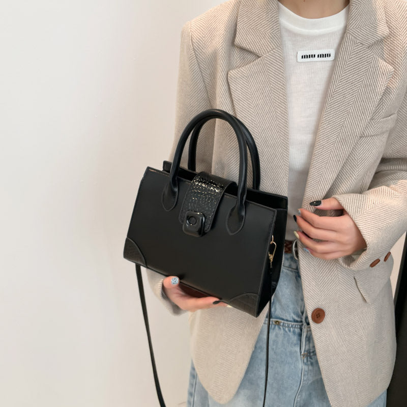 Black Solid Two Handles Handheld Bag