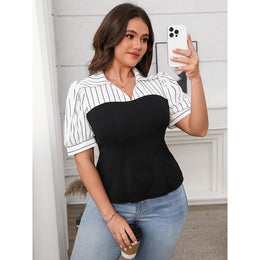Striped Shirt Collar Casual Top