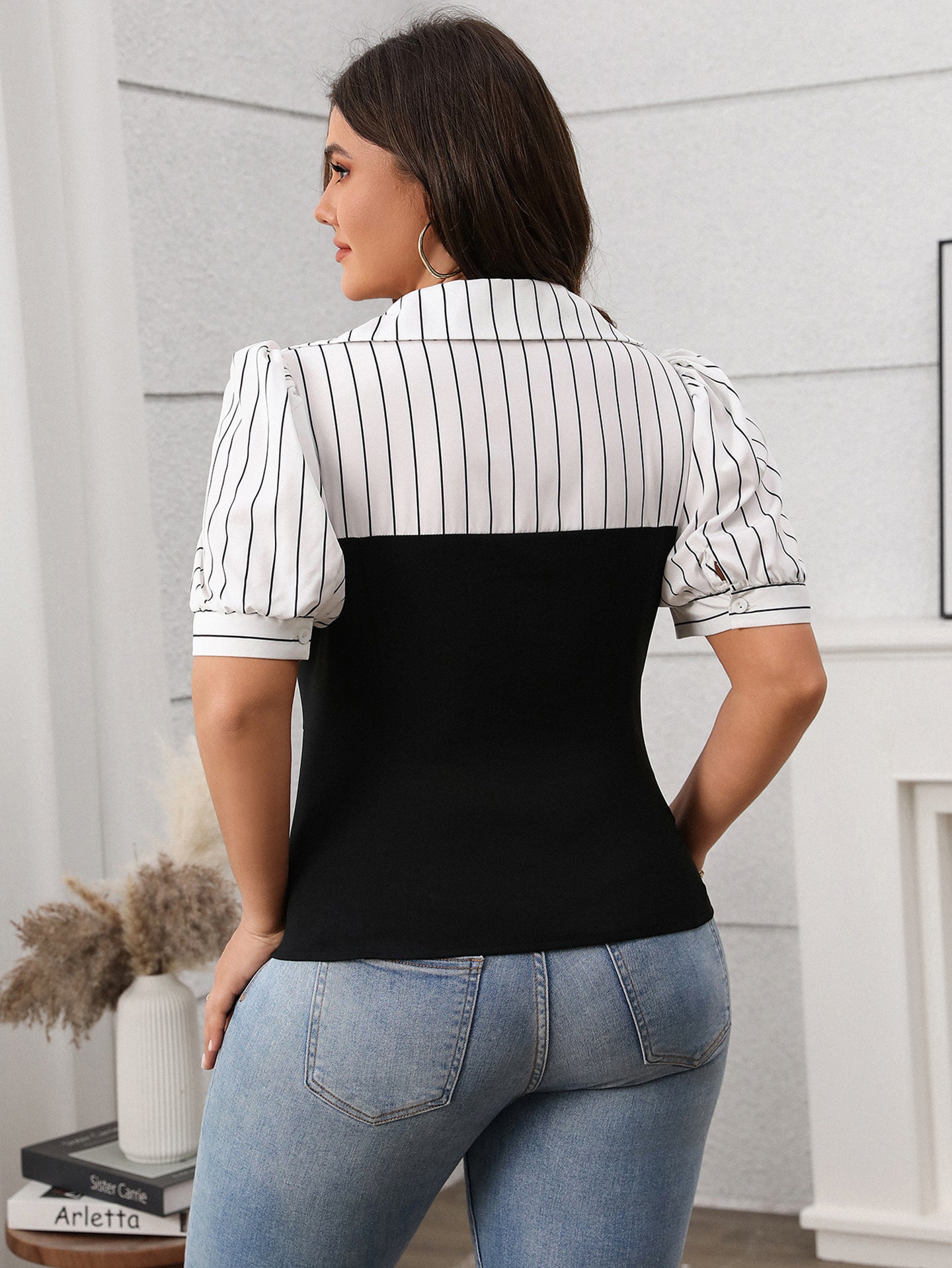 Striped Shirt Collar Casual Top