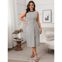 Women Striped Pleated Sleeveless Fit & Flare Midi Dress