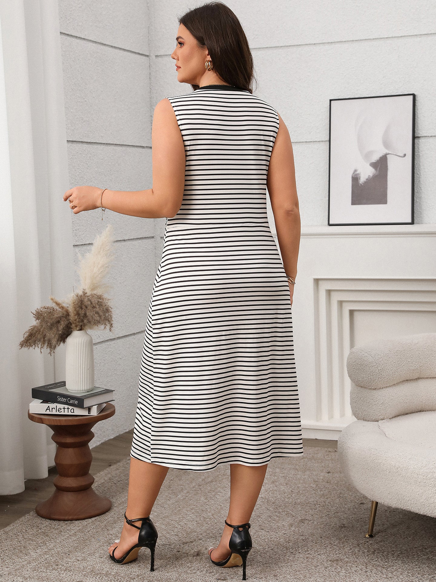 Women Striped Pleated Sleeveless Fit & Flare Midi Dress