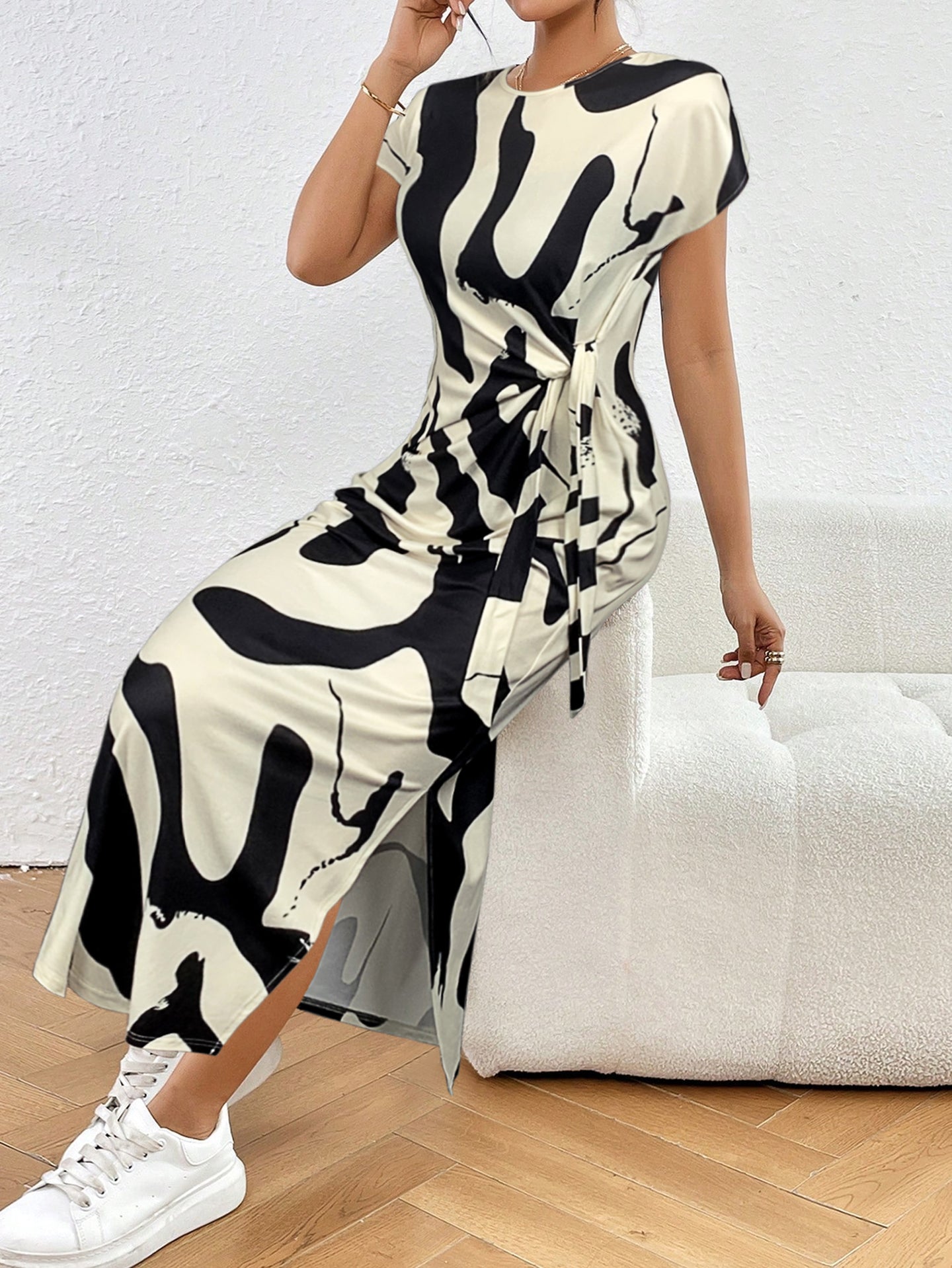 Women Abstract Printed Slits Bodycon Dress