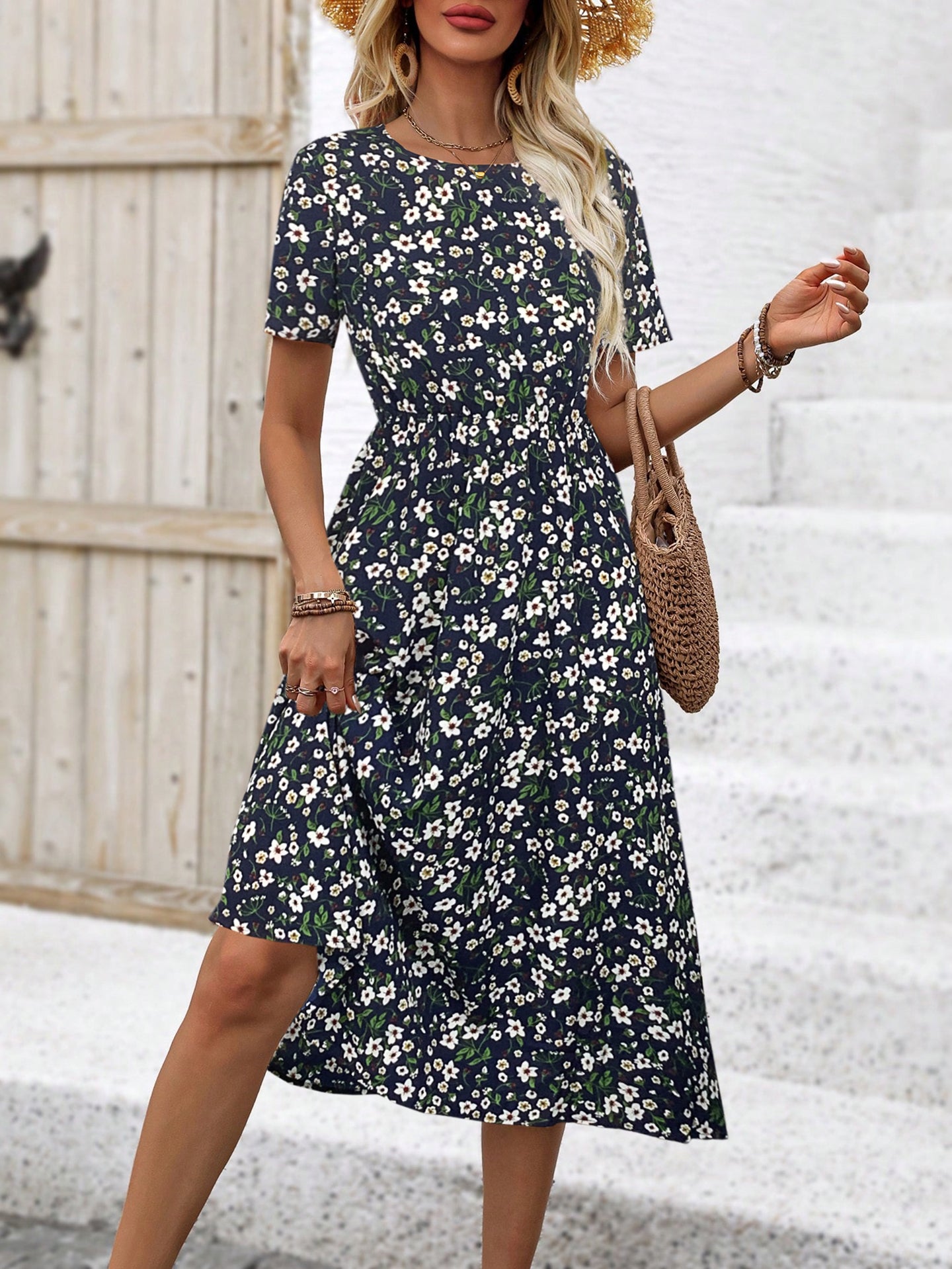 Women Floral Print A-Line Midi Dress