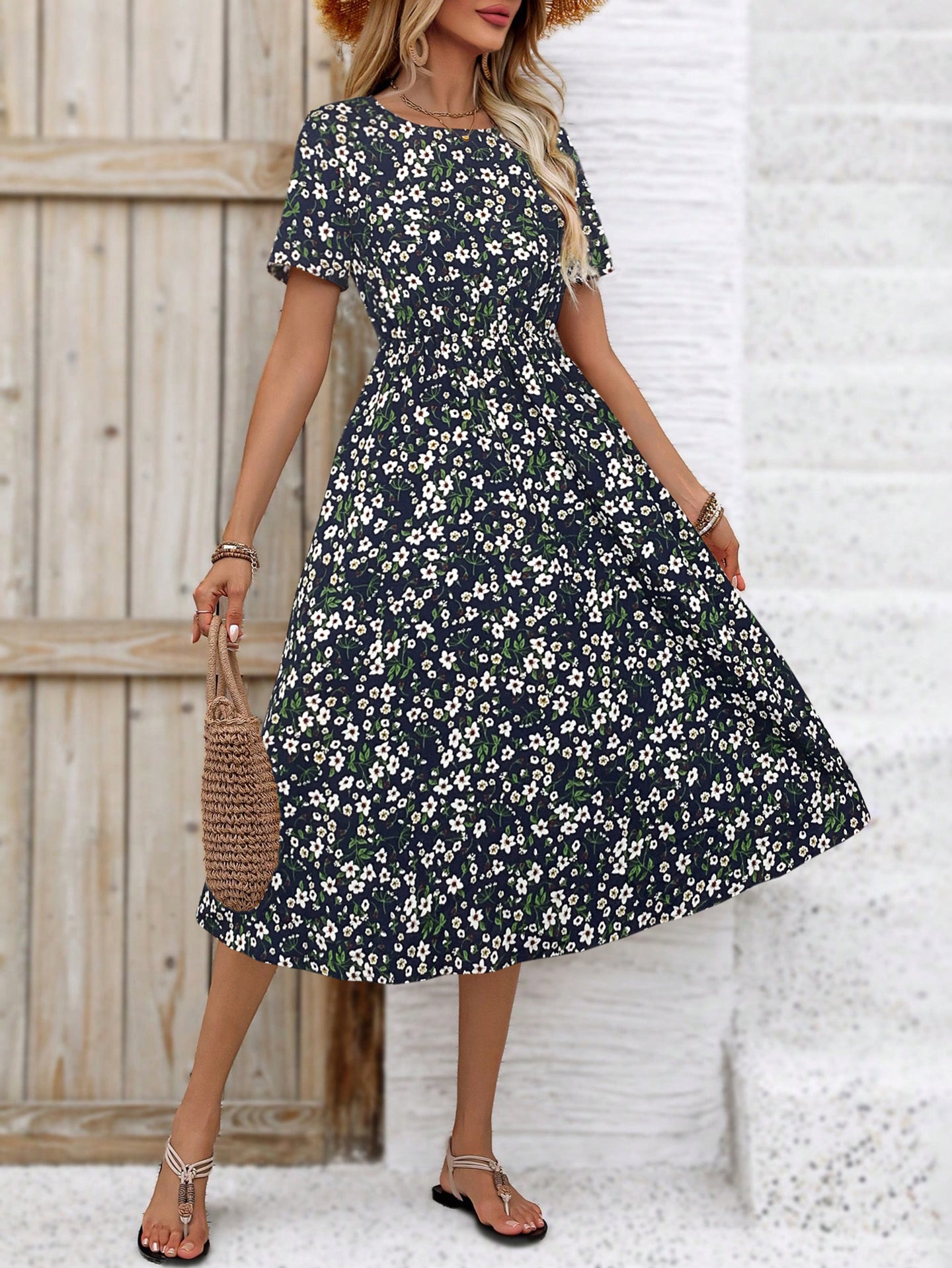 Women Floral Print A-Line Midi Dress