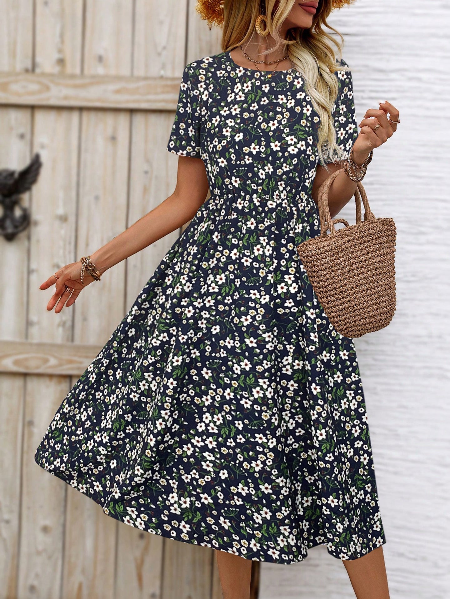 Women Floral Print A-Line Midi Dress