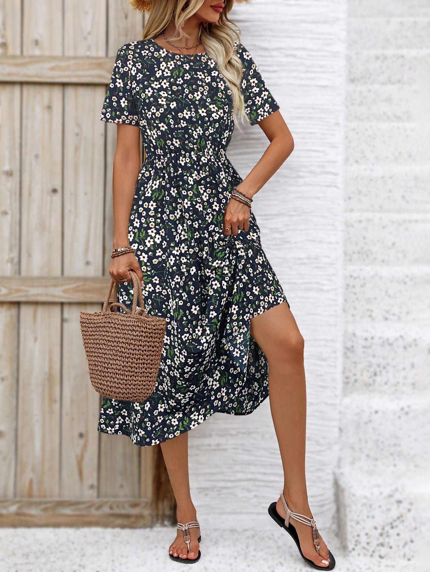 Women Floral Print A-Line Midi Dress