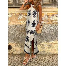 Ethnic Motifs Print Monochrome Halter Neck Slits A-Line Midi Dress