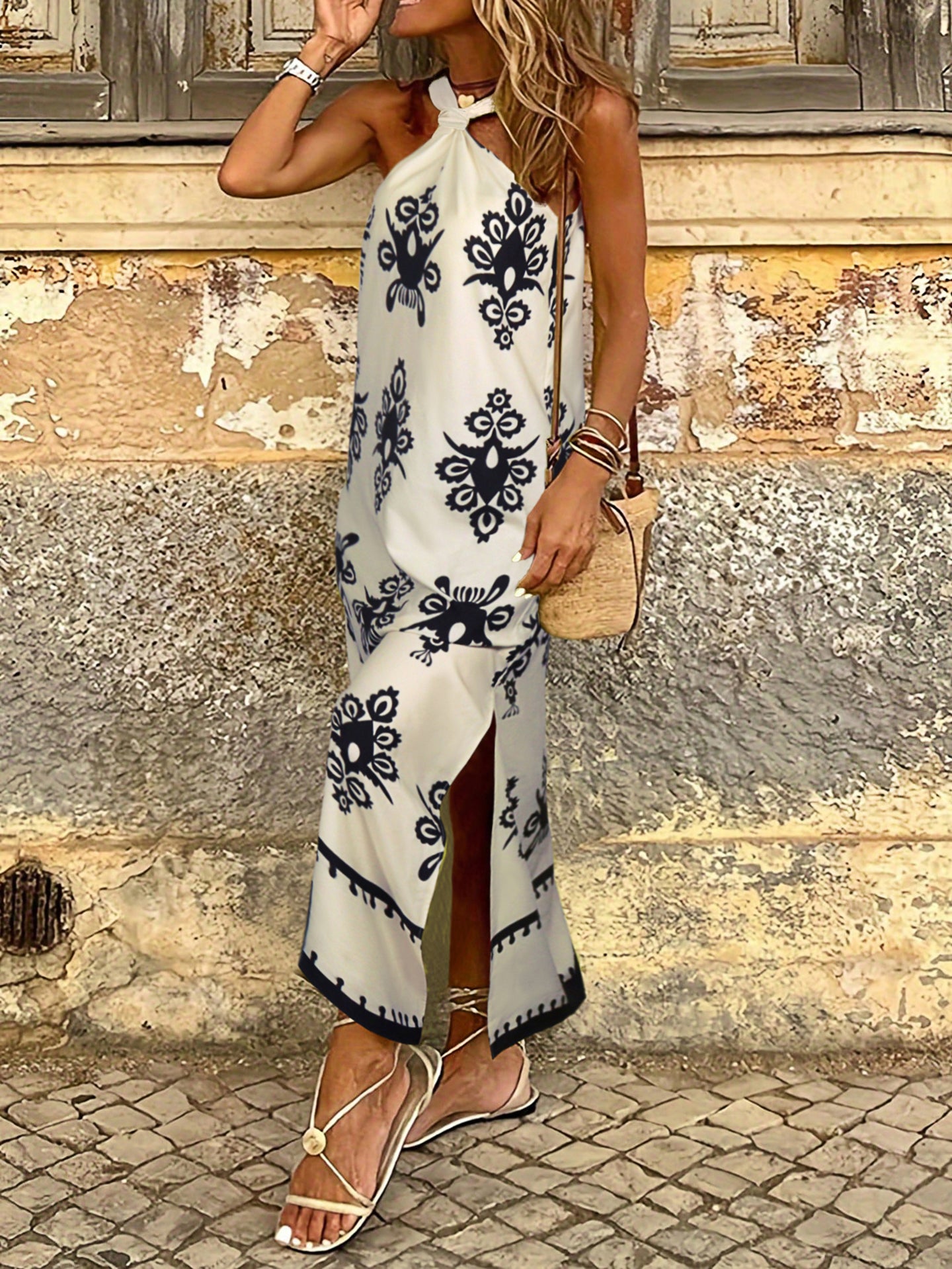 Ethnic Motifs Print Monochrome Halter Neck Slits A-Line Midi Dress