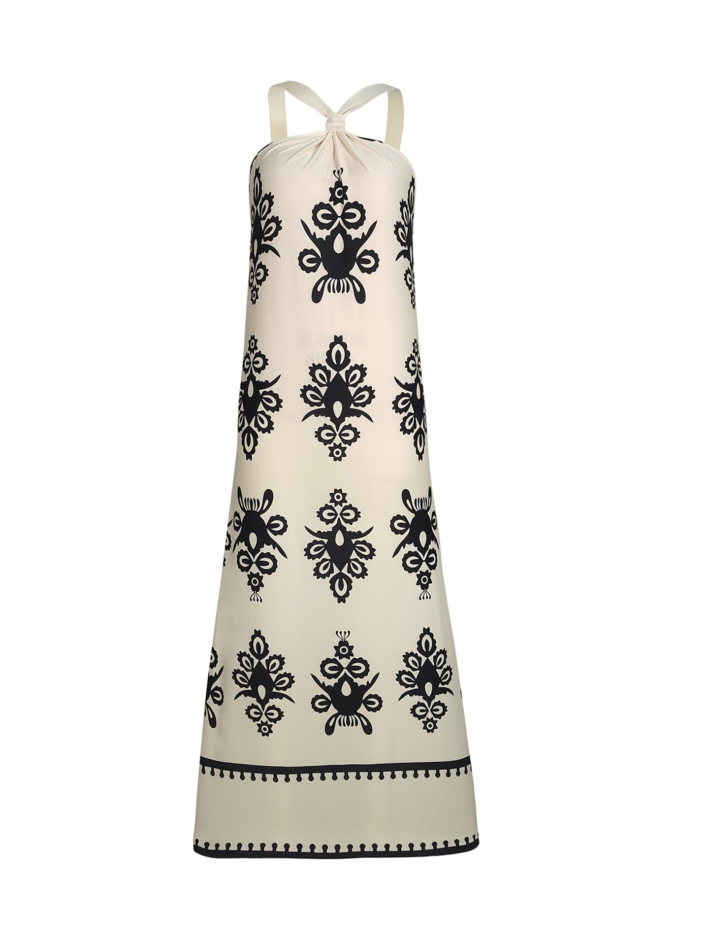 Ethnic Motifs Print Monochrome Halter Neck Slits A-Line Midi Dress