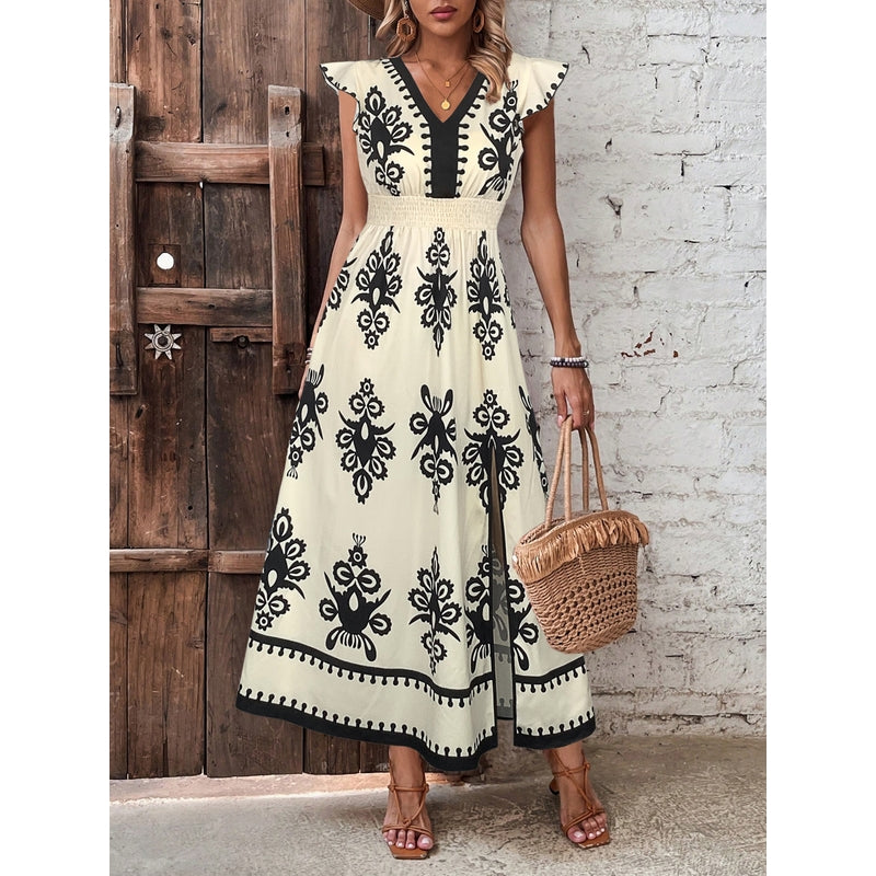 Ethnic Motifs Print Monochrome Smocked Fit & Flare Midi Dress