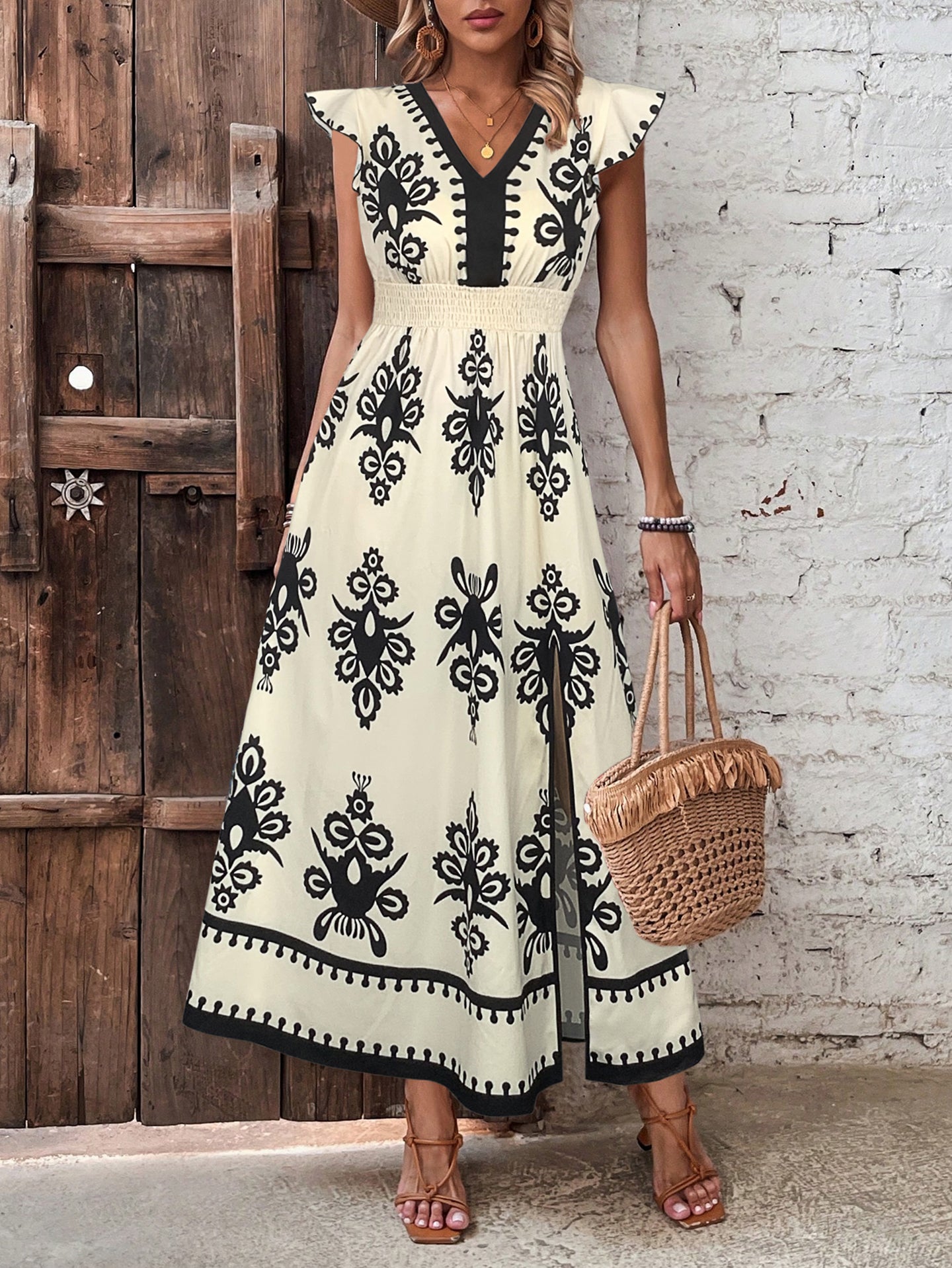 Ethnic Motifs Print Monochrome Smocked Fit & Flare Midi Dress