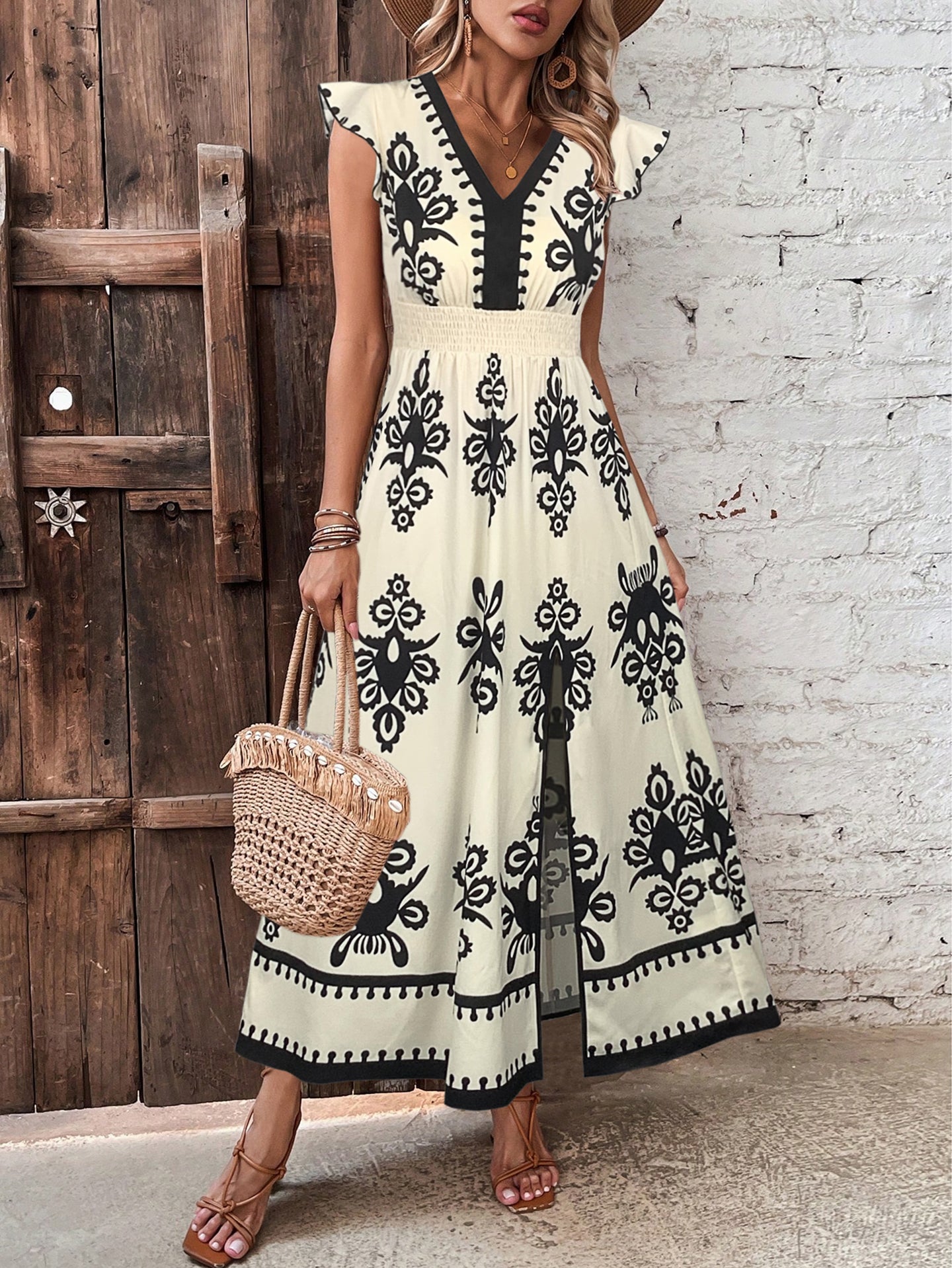 Ethnic Motifs Print Monochrome Smocked Fit & Flare Midi Dress
