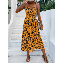 Women Abstract Print Halter Neck A-Line Midi Dress