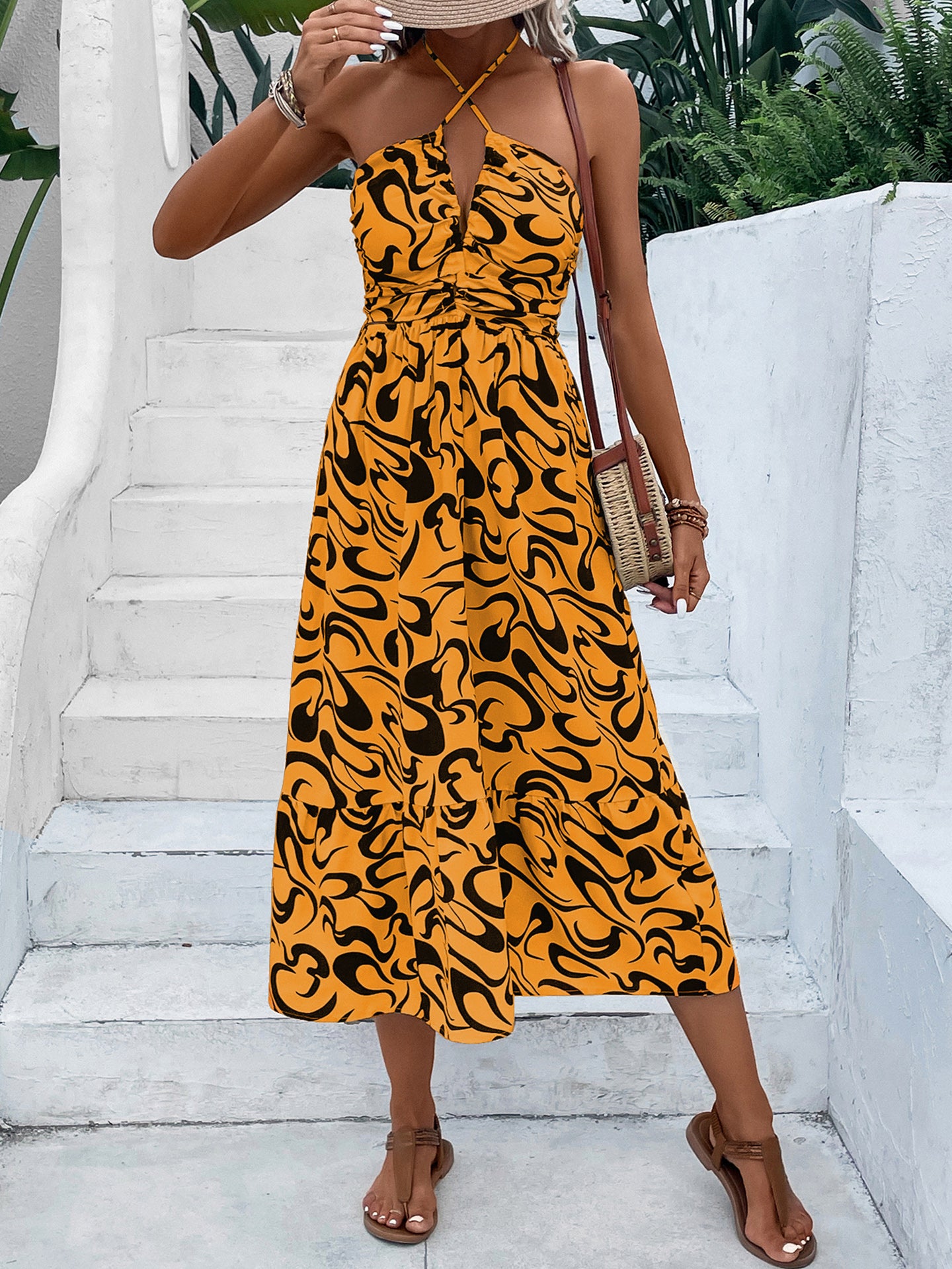 Women Abstract Print Halter Neck A-Line Midi Dress
