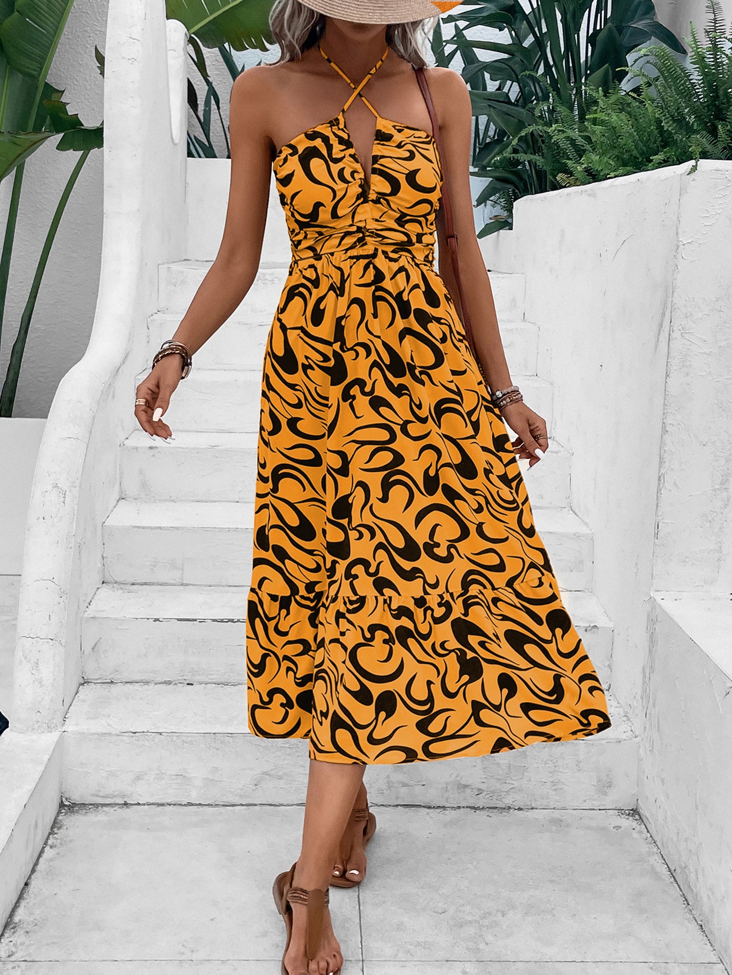 Women Abstract Print Halter Neck A-Line Midi Dress