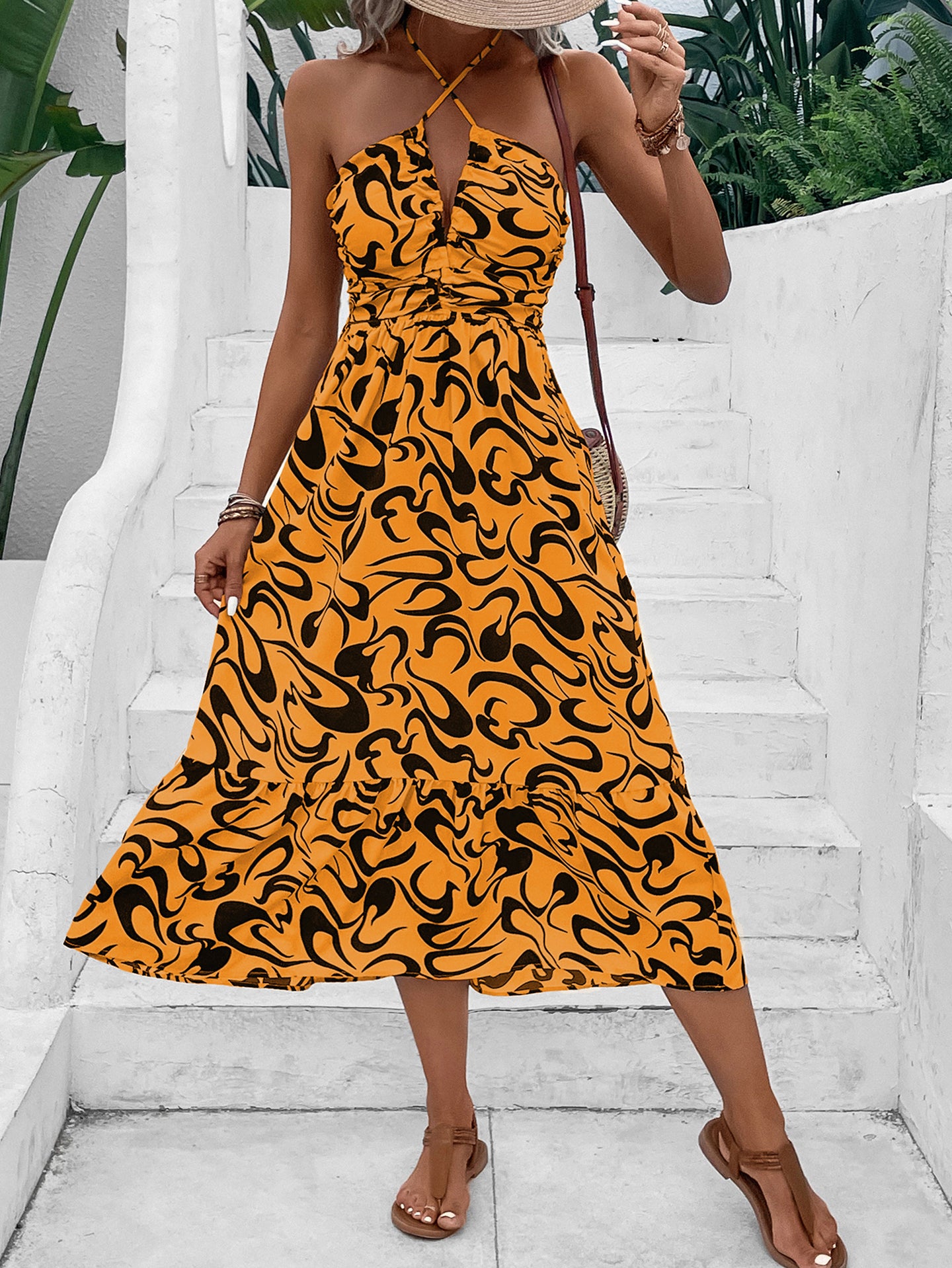 Women Abstract Print Halter Neck A-Line Midi Dress