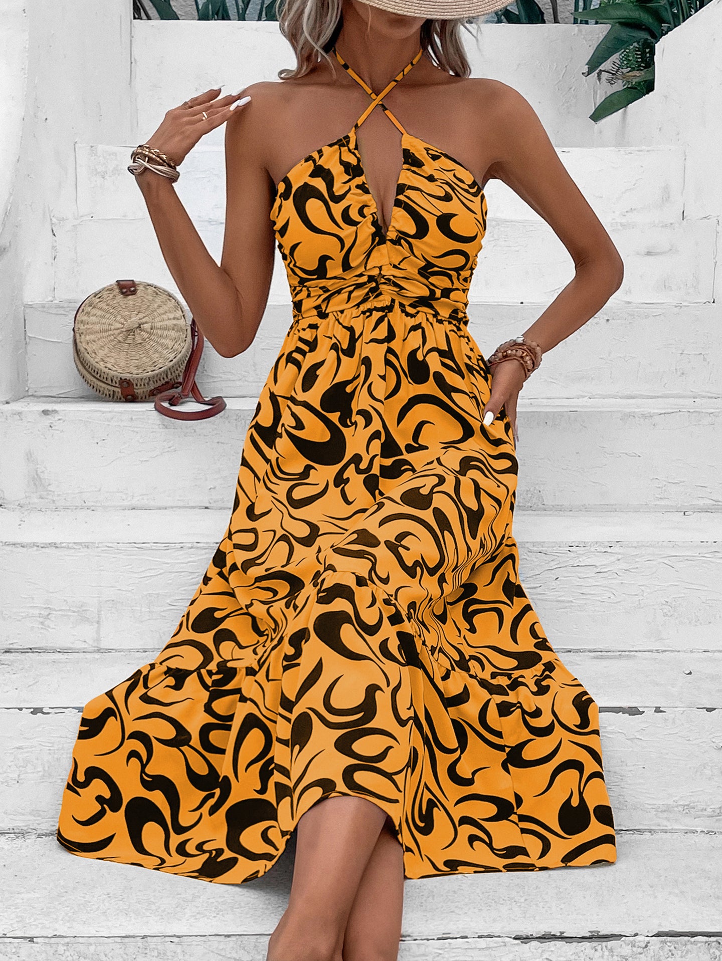 Women Abstract Print Halter Neck A-Line Midi Dress