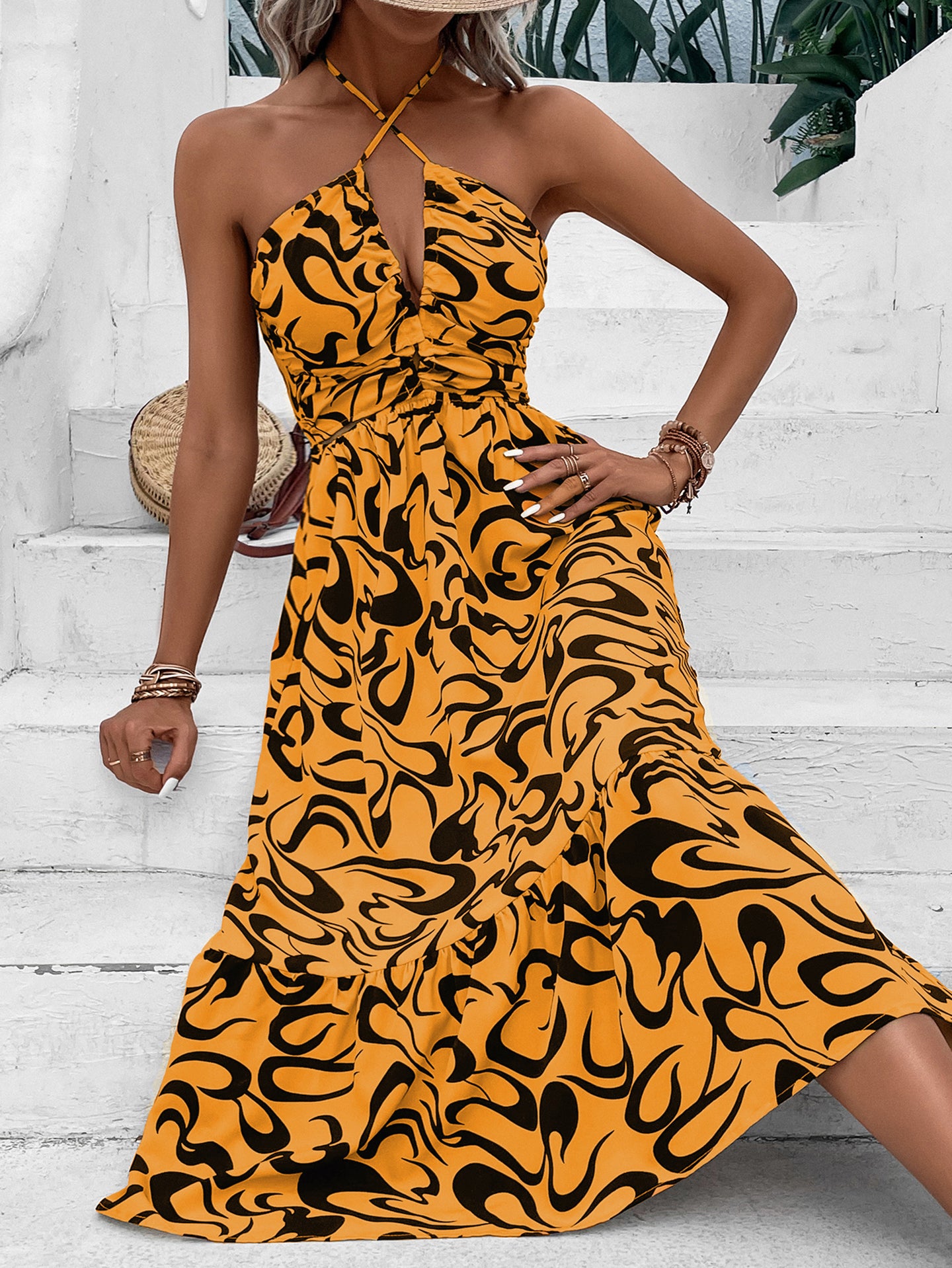 Women Abstract Print Halter Neck A-Line Midi Dress