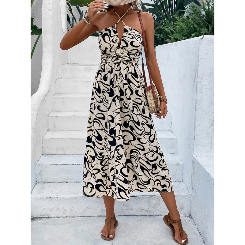 Women Halter Neck A-Line Midi Dress