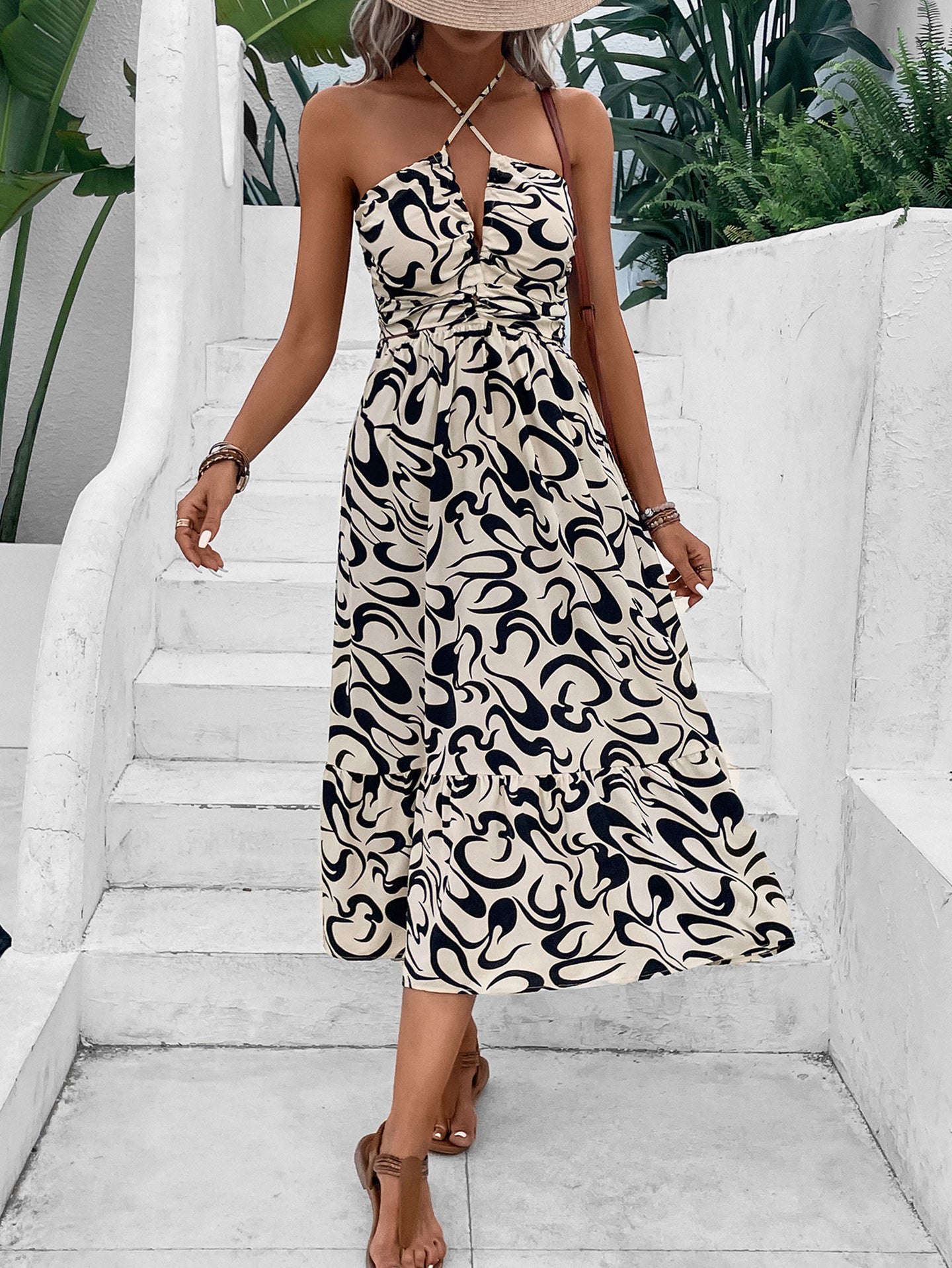 Women Halter Neck A-Line Midi Dress