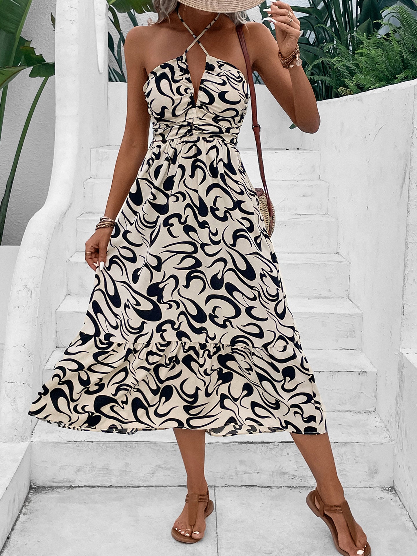 Women Halter Neck A-Line Midi Dress