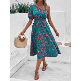 Tropical Printed One Shoulder Puff Sleeve Fit & Flare Dress