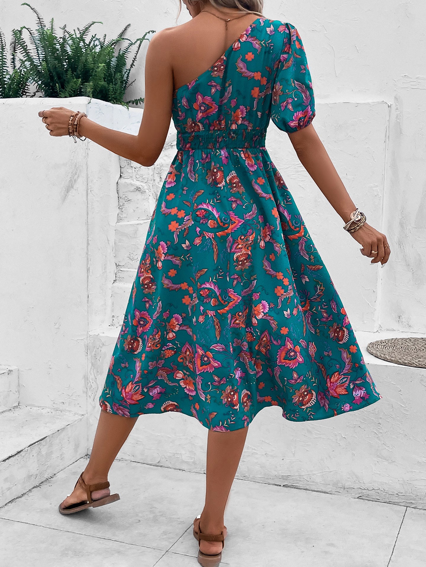 Tropical Printed One Shoulder Puff Sleeve Fit & Flare Dress
