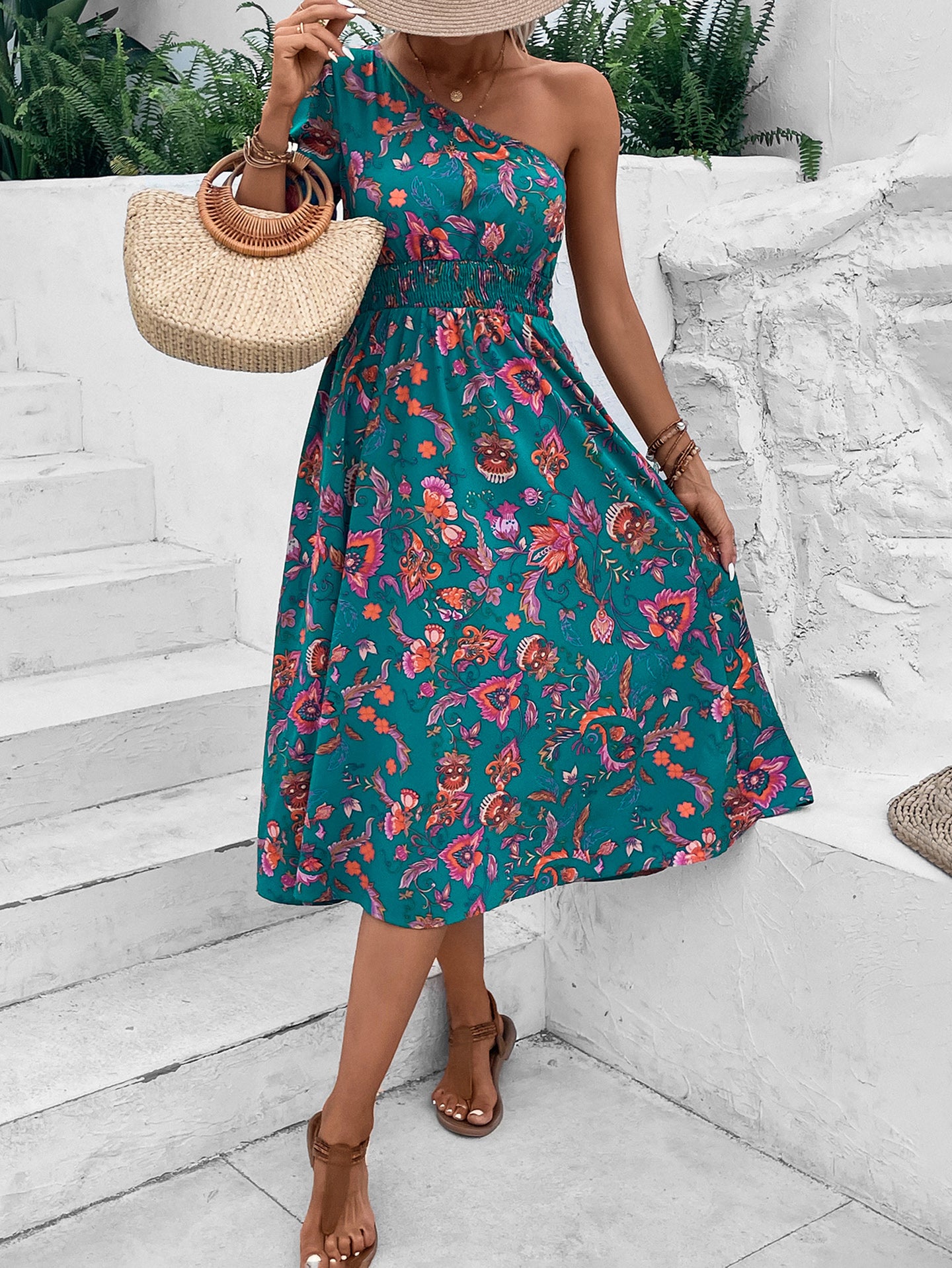 Tropical Printed One Shoulder Puff Sleeve Fit & Flare Dress
