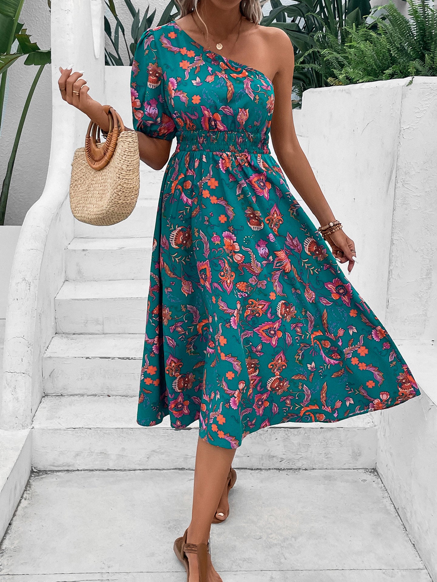 Tropical Printed One Shoulder Puff Sleeve Fit & Flare Dress