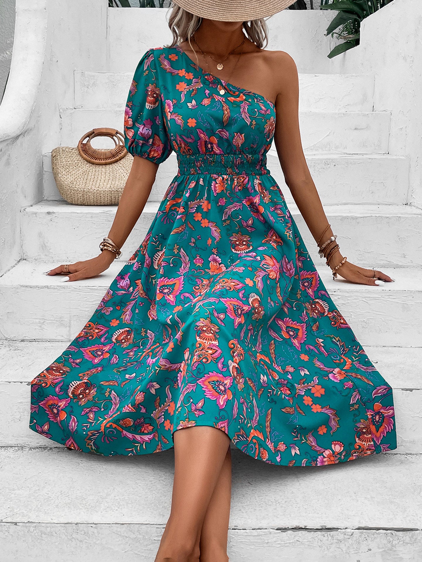 Tropical Printed One Shoulder Puff Sleeve Fit & Flare Dress