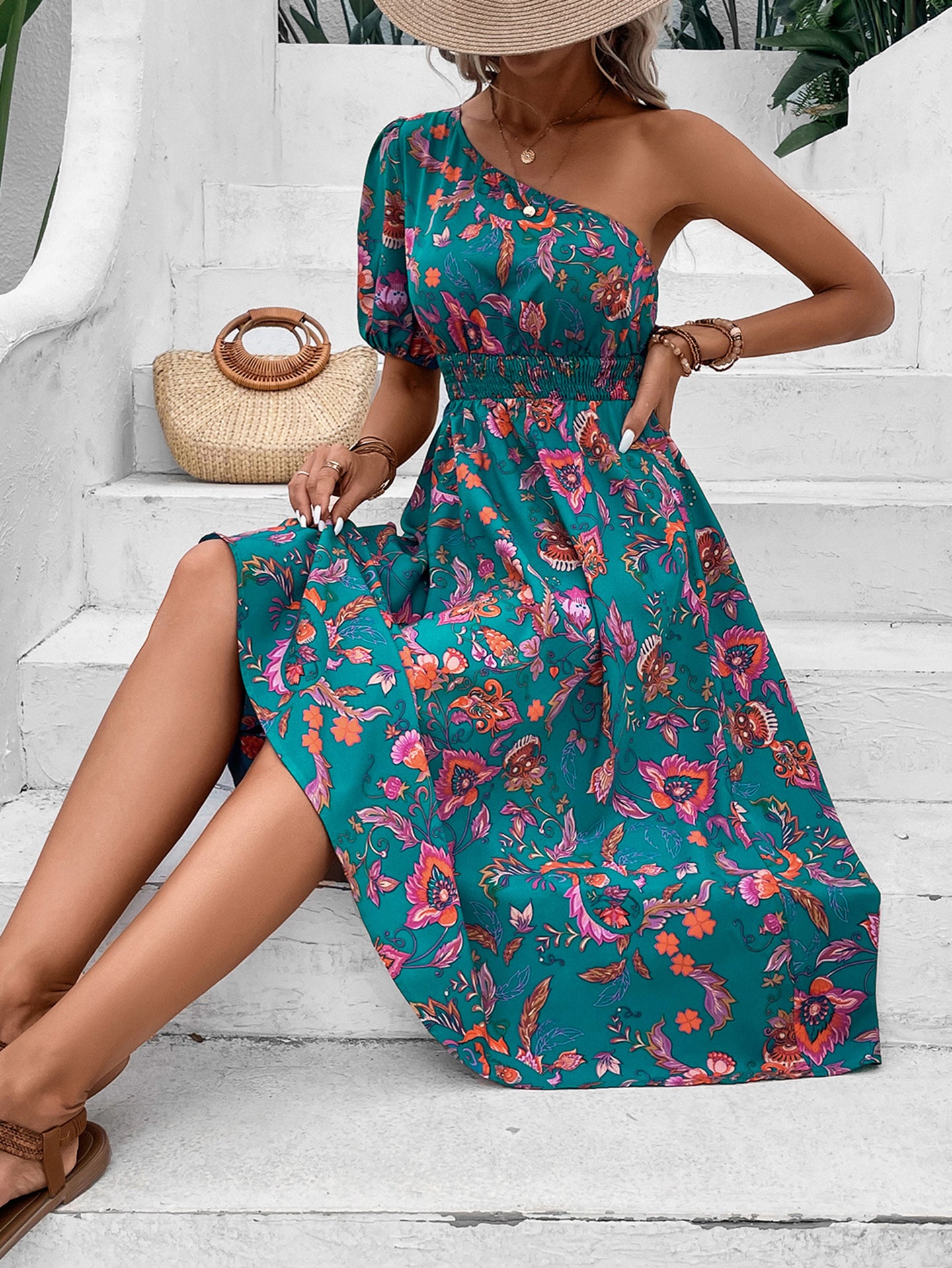 Tropical Printed One Shoulder Puff Sleeve Fit & Flare Dress