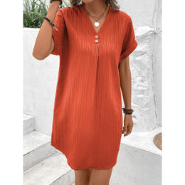 Women Striped V-Neck Short Sleeves A-Line Dress