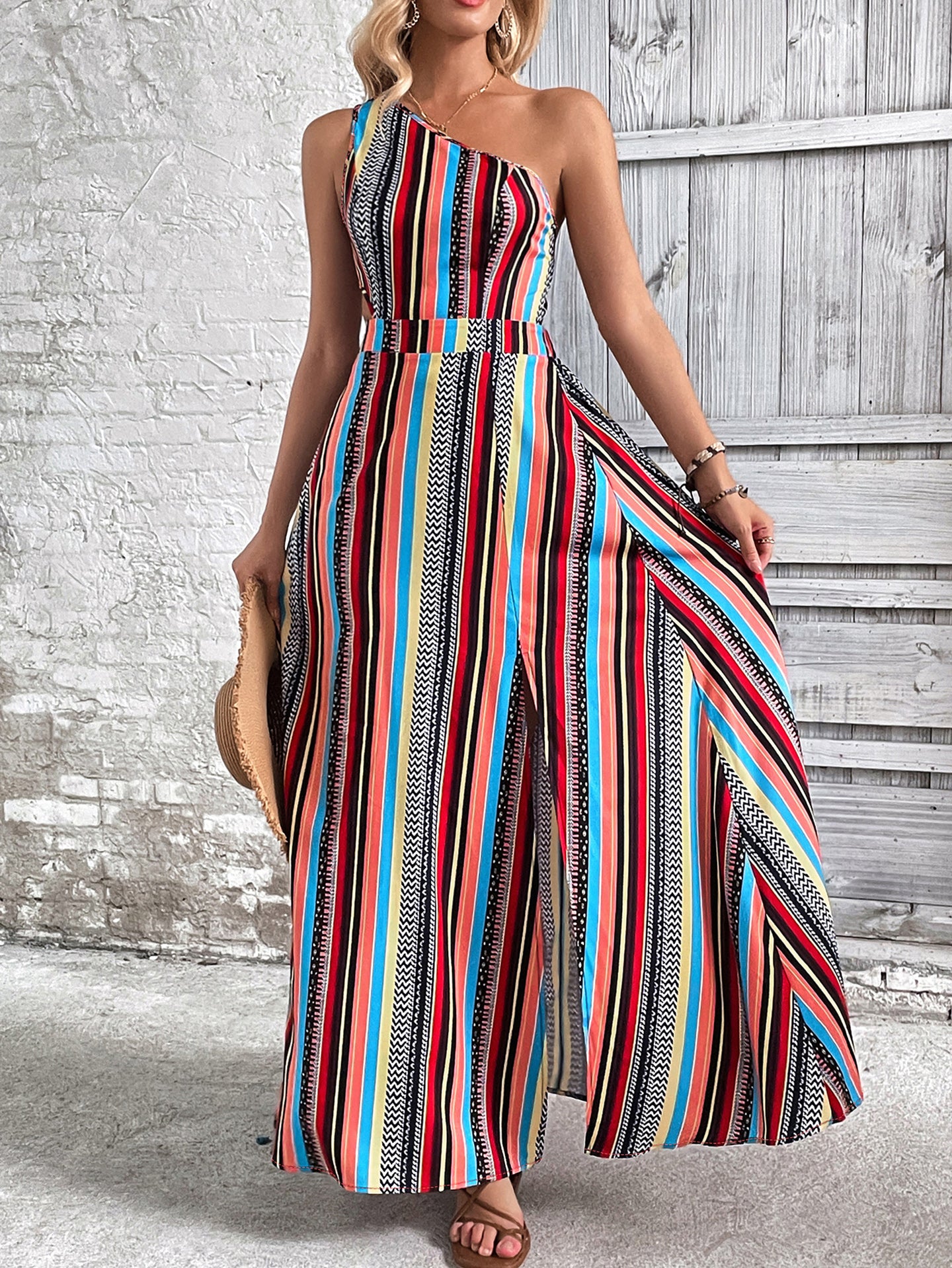 Women Print One Shoulder Fit & Flare Midi Dress
