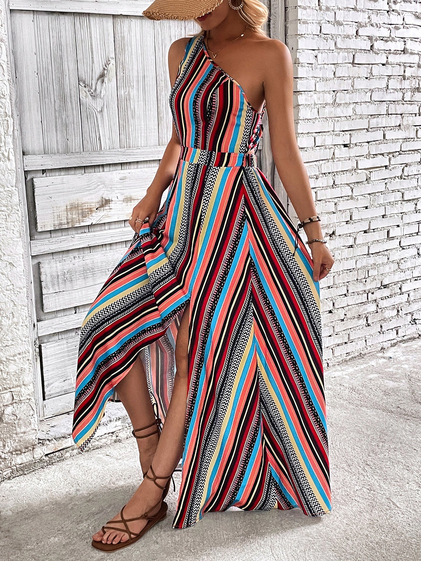Women Print One Shoulder Fit & Flare Midi Dress