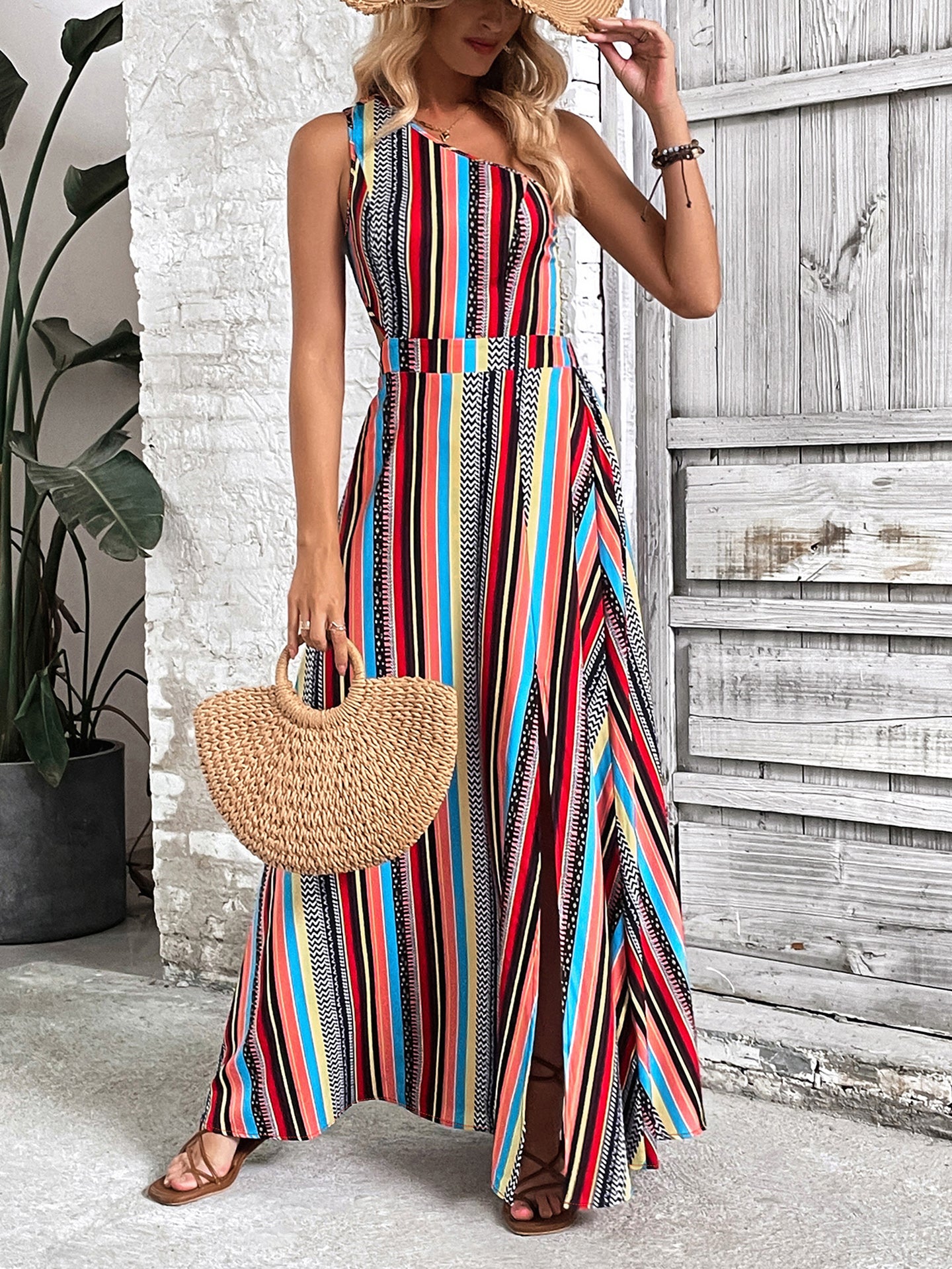 Women Print One Shoulder Fit & Flare Midi Dress