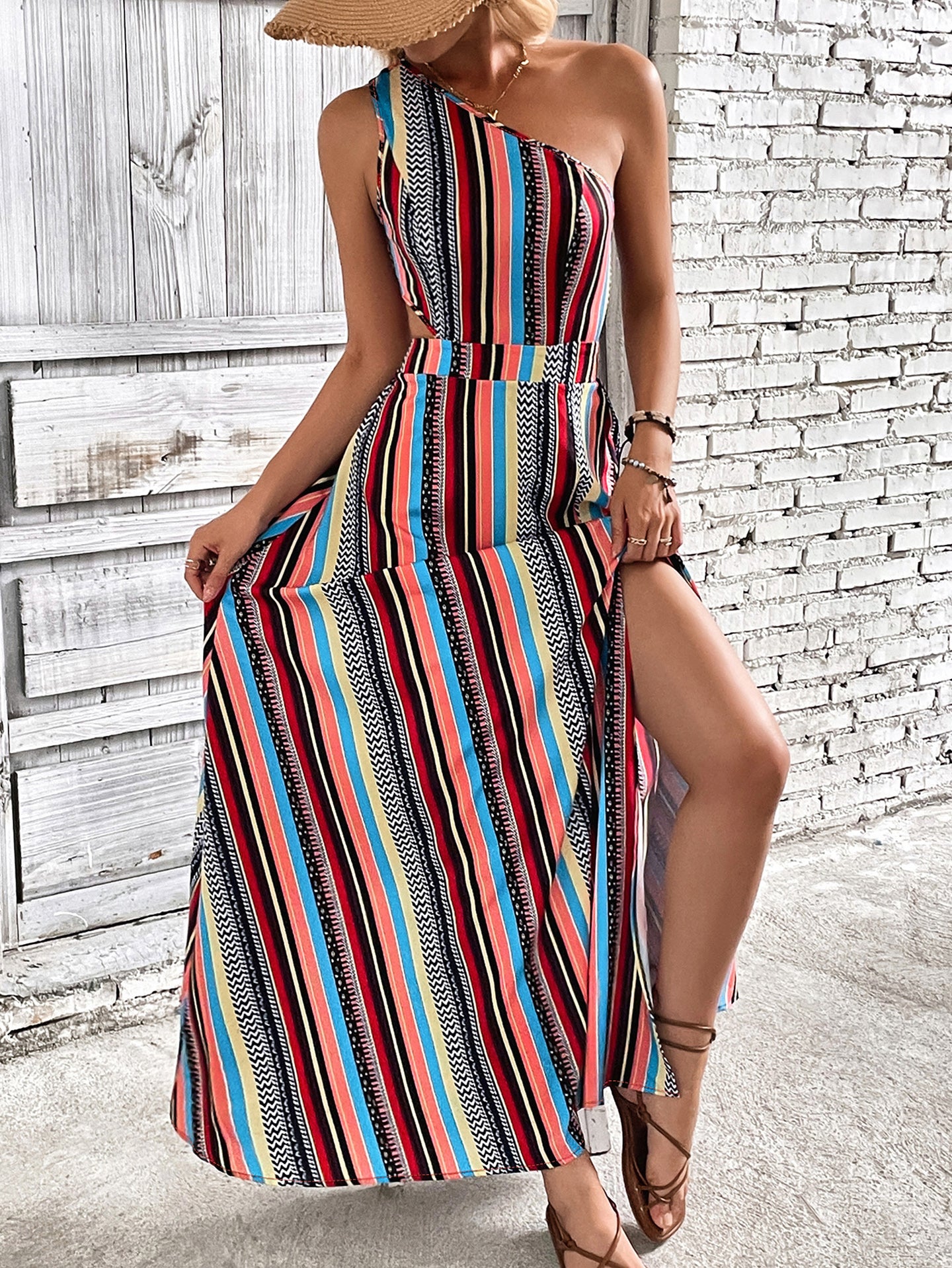 Women Print One Shoulder Fit & Flare Midi Dress