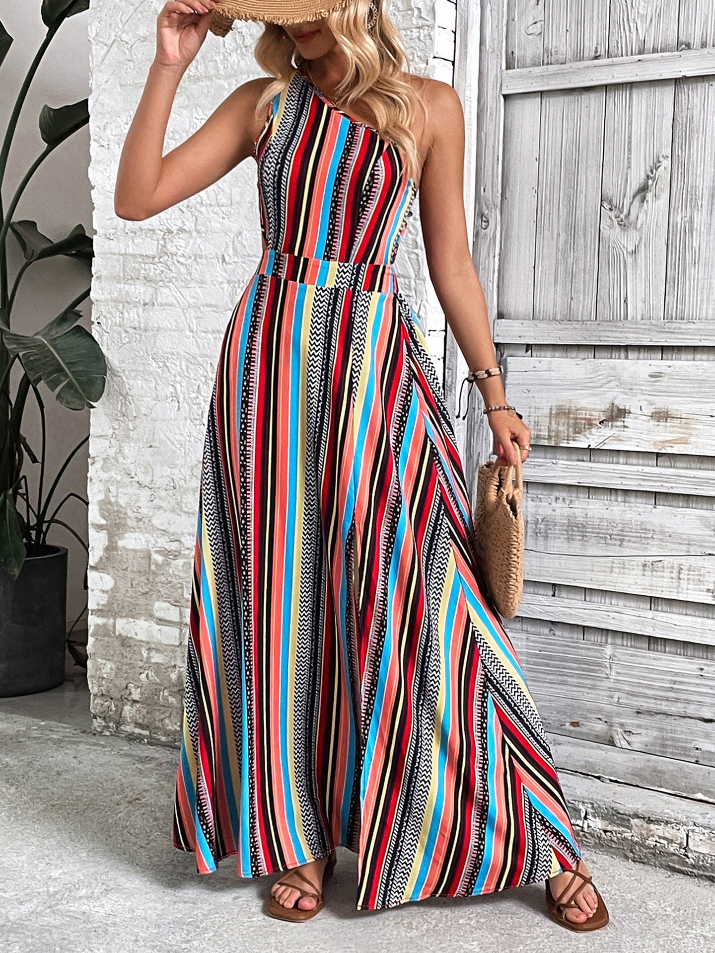 Women Print One Shoulder Fit & Flare Midi Dress