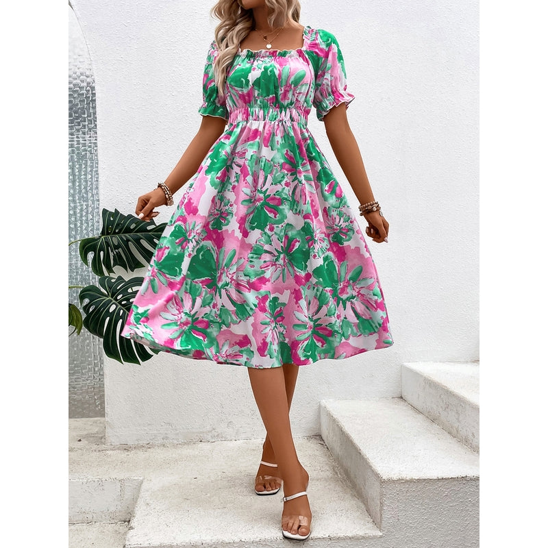 Women Floral Print Square Neck Fit and Flare Midi Dress