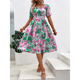 Women Floral Print Square Neck Fit and Flare Midi Dress