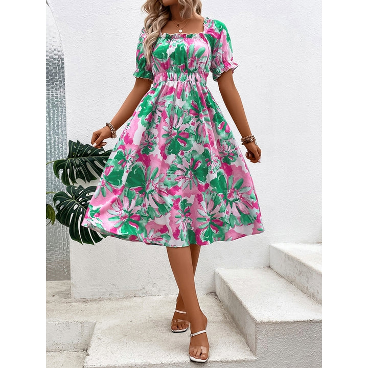 Women Floral Print Square Neck Fit and Flare Midi Dress