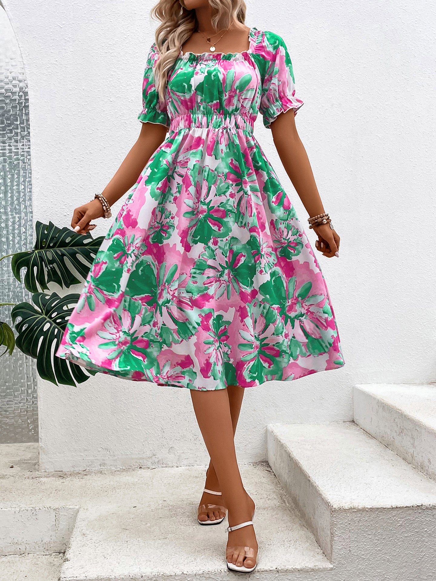 Women Floral Print Square Neck Fit and Flare Midi Dress