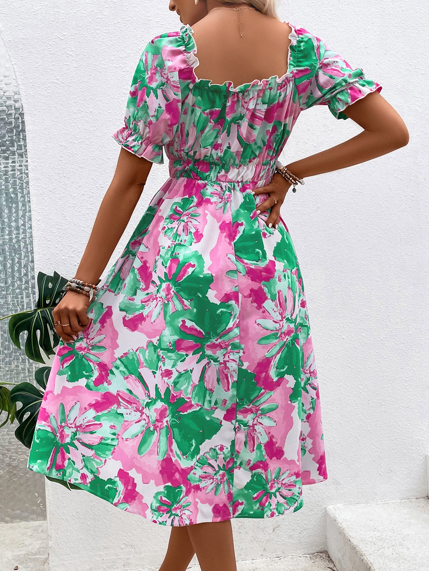 Women Floral Print Square Neck Fit and Flare Midi Dress